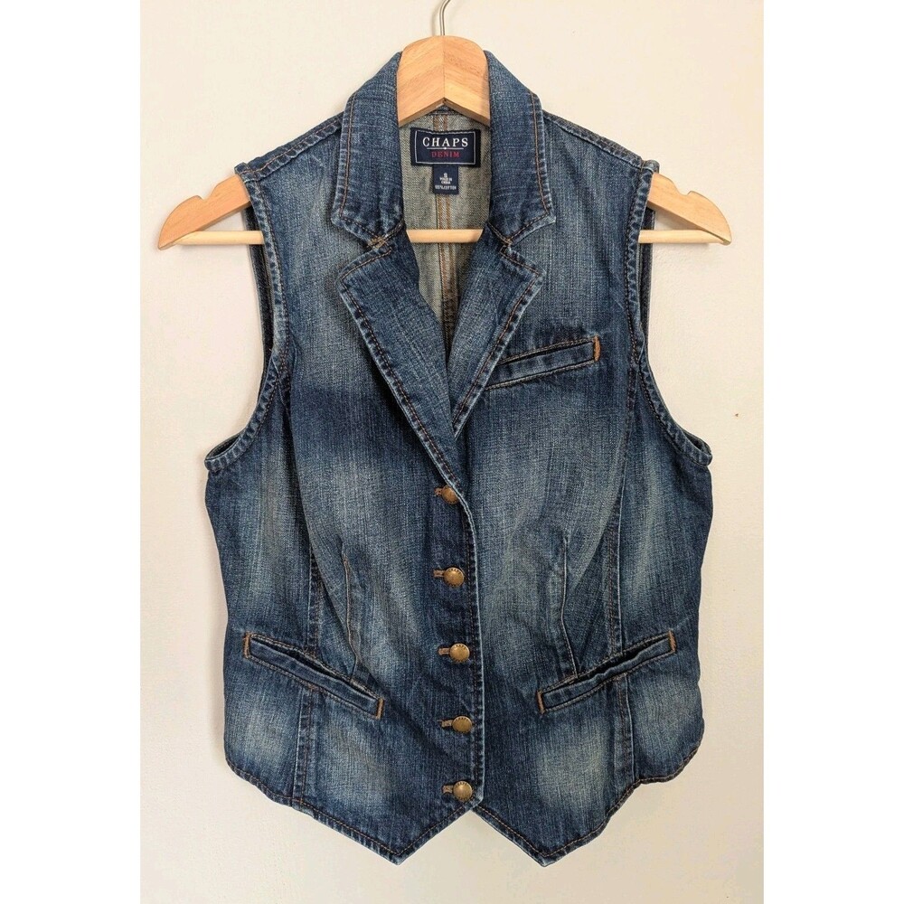 Y2K Chaps Blue Denim Vest Top S Button Up Fitted Grunge Western Cowgirl Cotton